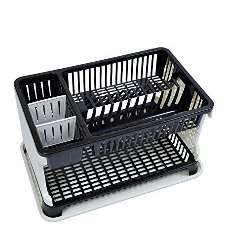 Space-saving dish rack with storage tray. Space-saving dish rack with storage tray.